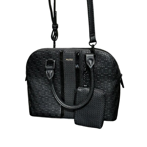 Aldo Black Textured Dome Satchel Handbag & Wallet Pouch - Picture 3 of 8